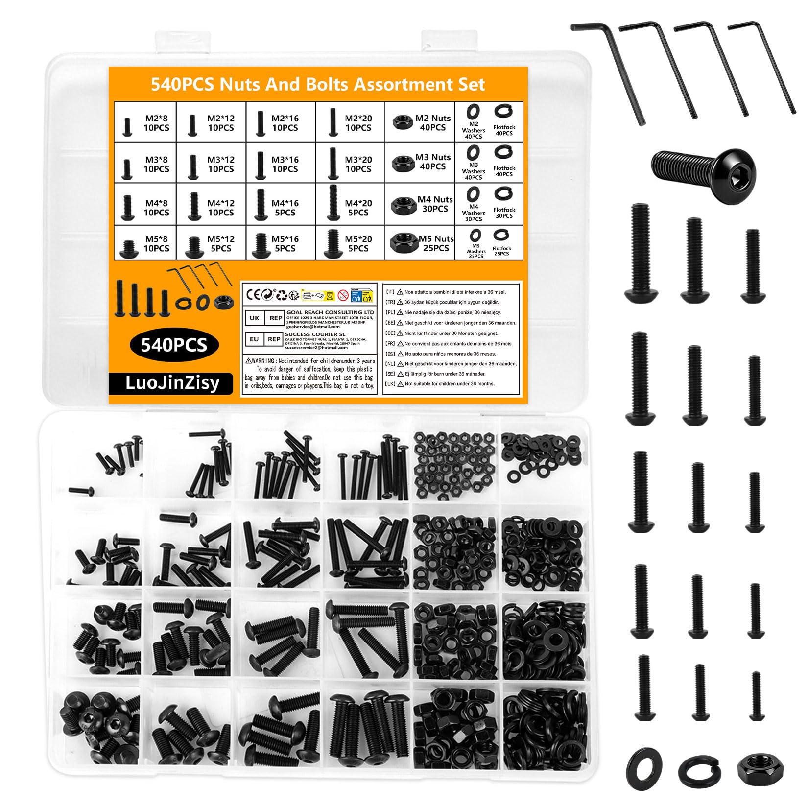 540 Pz Viti M2 M3 M4 M5, Set di Bulloni e Dadi, Kit di Bulloni Testa Bombata, Viti a Testa Tonda con Esagono Incassato con, Kit di Vite a Brugola Nero con Rondelle