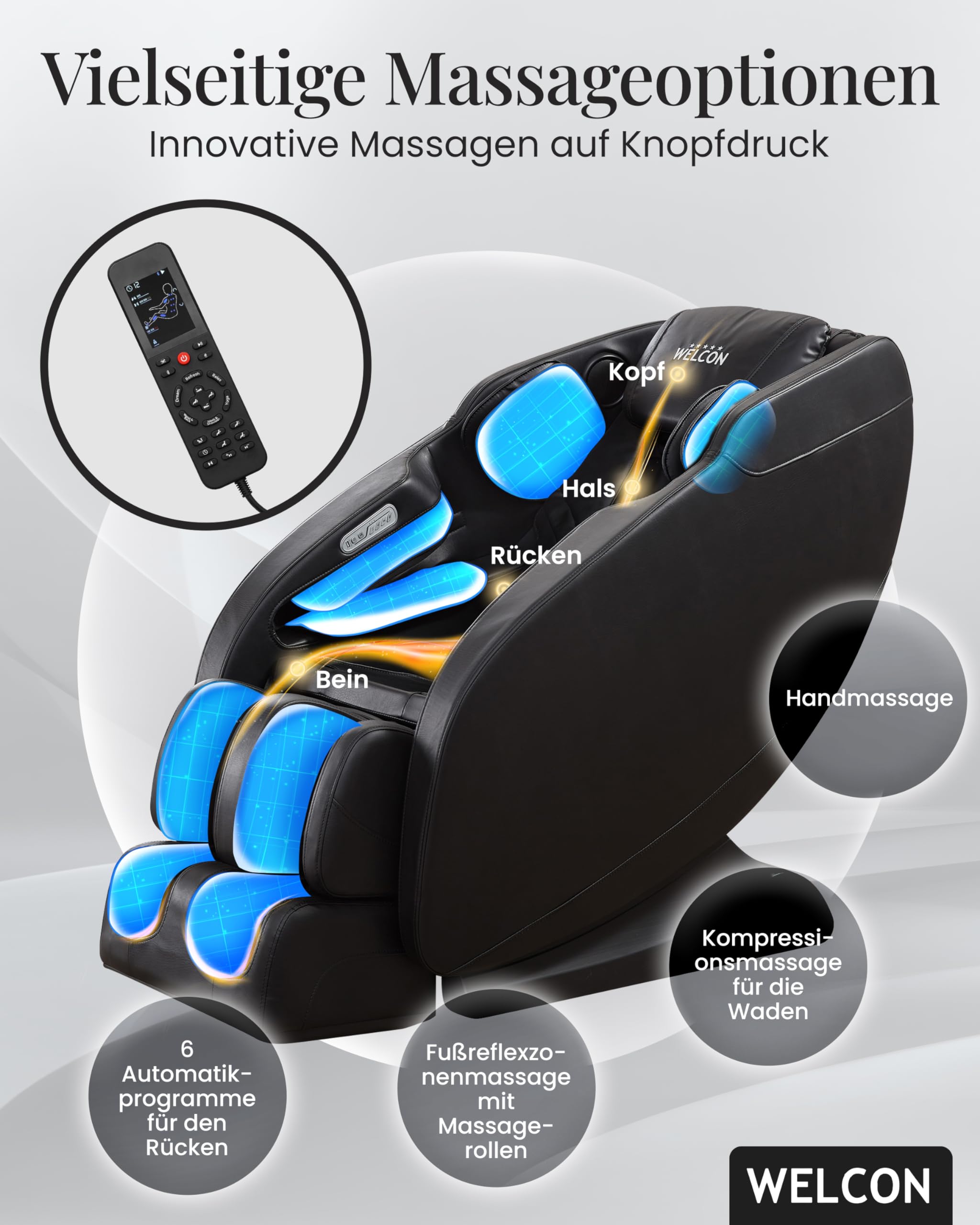 WELCON Fotel do masażu Prestige II czarny – fotel do masażu 3D z funkcją Zero Gravity, ogrzewania i 6 programami automatycznymi