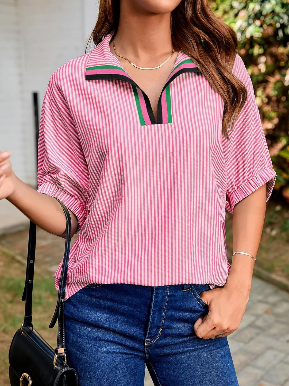 Tankaneo Womens V Neck Striped Blouse Oversized Dolman Sleeve Tops Summer Casual Loose Fit Polo Shirts - Image 2