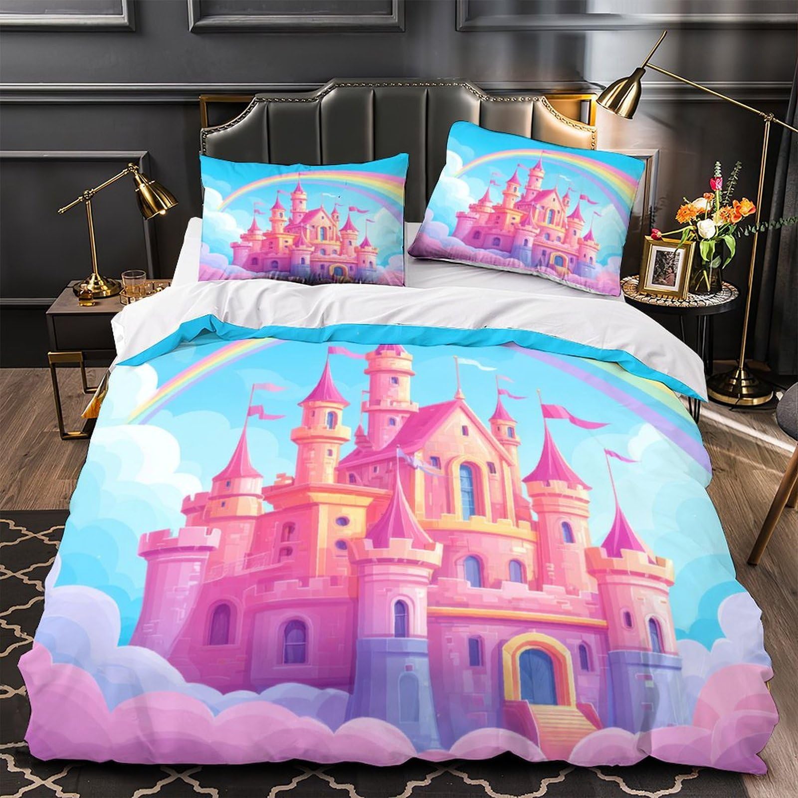 MMDASBVPE Princess Castle Duvet Cover 3D Print Breathable 3-Piece Bed Set Hidden Zipper fantasy Cartoon Comforter Cover Luxury Durable for Teens Adults Kids Women Girls Boys Single（135x200cm）