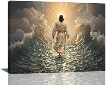 Jesus Walking on Water Wall Art Jesus Christian Spiritual Wall Decor Pictures Bible Story Canvas Prints Painting God Faith Artwork Decoration for Bathroom Bedroom Living Room Framed Gifts 12"x16"