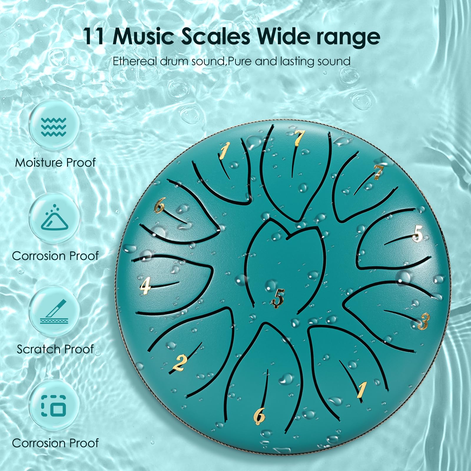 Steel Tongue Drum, 6 Pollici11Note Handpan Strumento Musicale,Tamburo in Acciaio,Strumento a Percussione Tamburo per Meditazione,Yoga, Educazione Musicale,Guarigione del Suono (lago Blu)