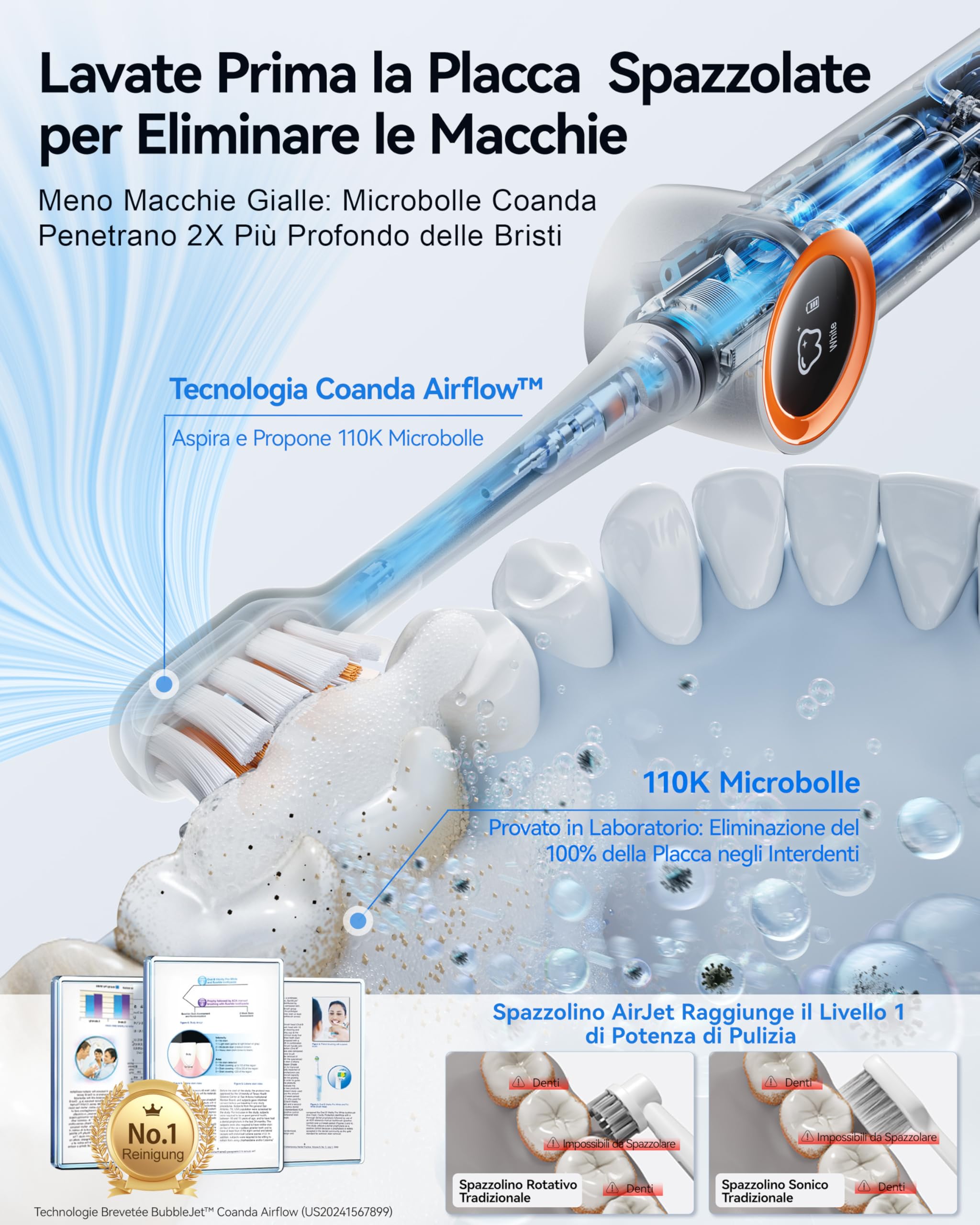 RANVOO AirJet [Max Jet Clean] [Vibrante & Flossing 2-in-1] Bubble Sonic Spazzolino elettrico per rimozione della placca, bianco per la cura delle gengive per adulti, regalo ricaricabile con 2 testine