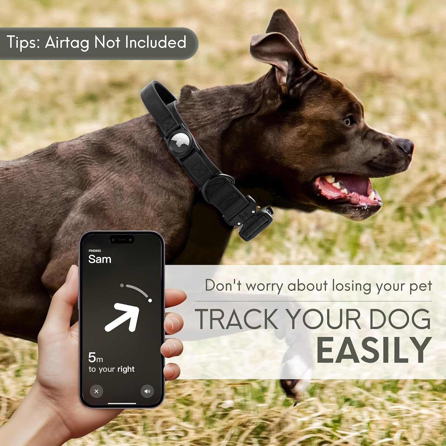 Heavy Duty Tactical Dog Collar with Airtag Holder, 1.5’’ Wide Large Dog Collar with Comfortable Handle, Durable Airtag Dog Collar for Large Dogs (Black,Neck 18-20’’)