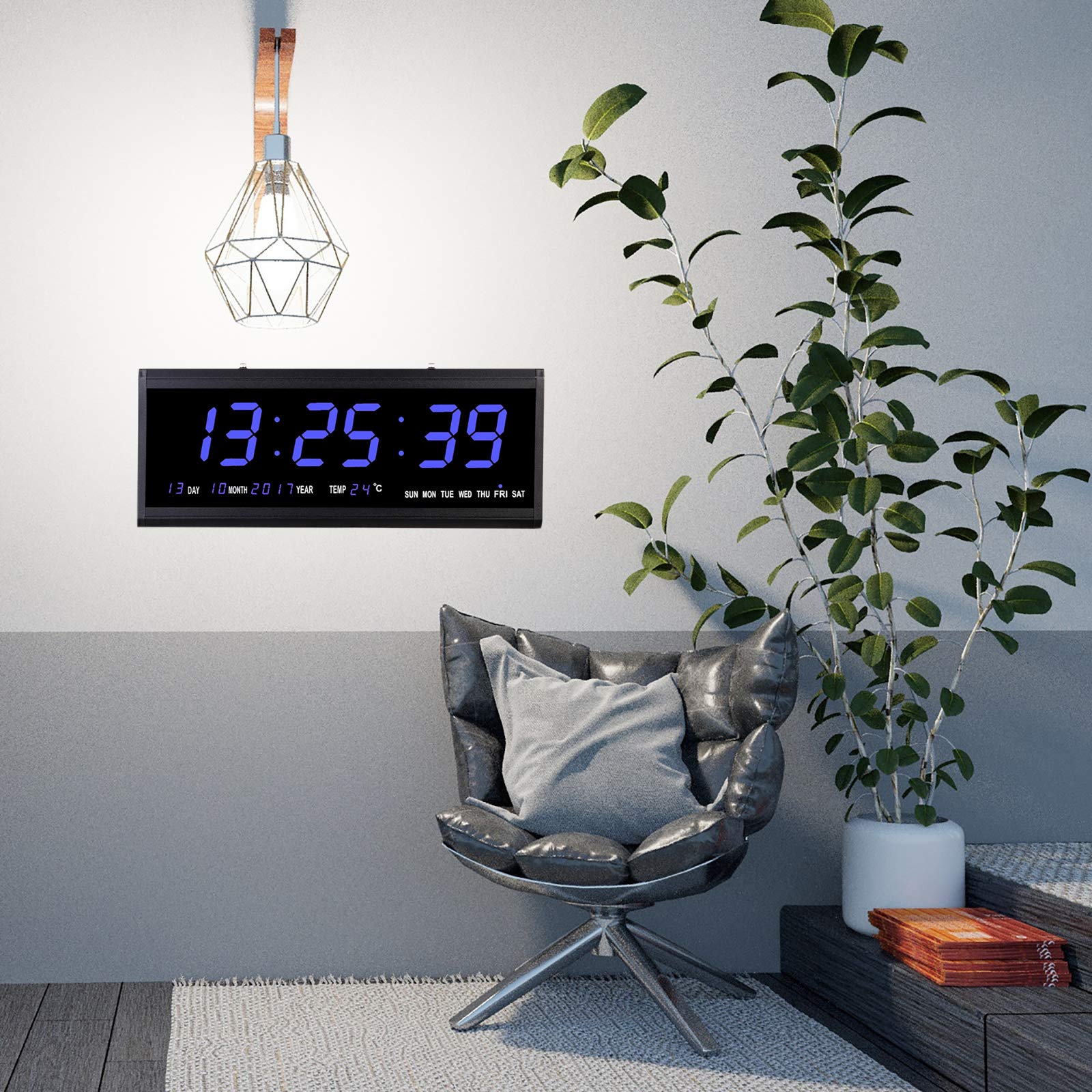 Orologio digitale a LED, telaio in plastica, con calendario alimentato a rete, orologio da parete con numeri grandi, cucina, ufficio (temperatura del calendario settimanale) (blu)