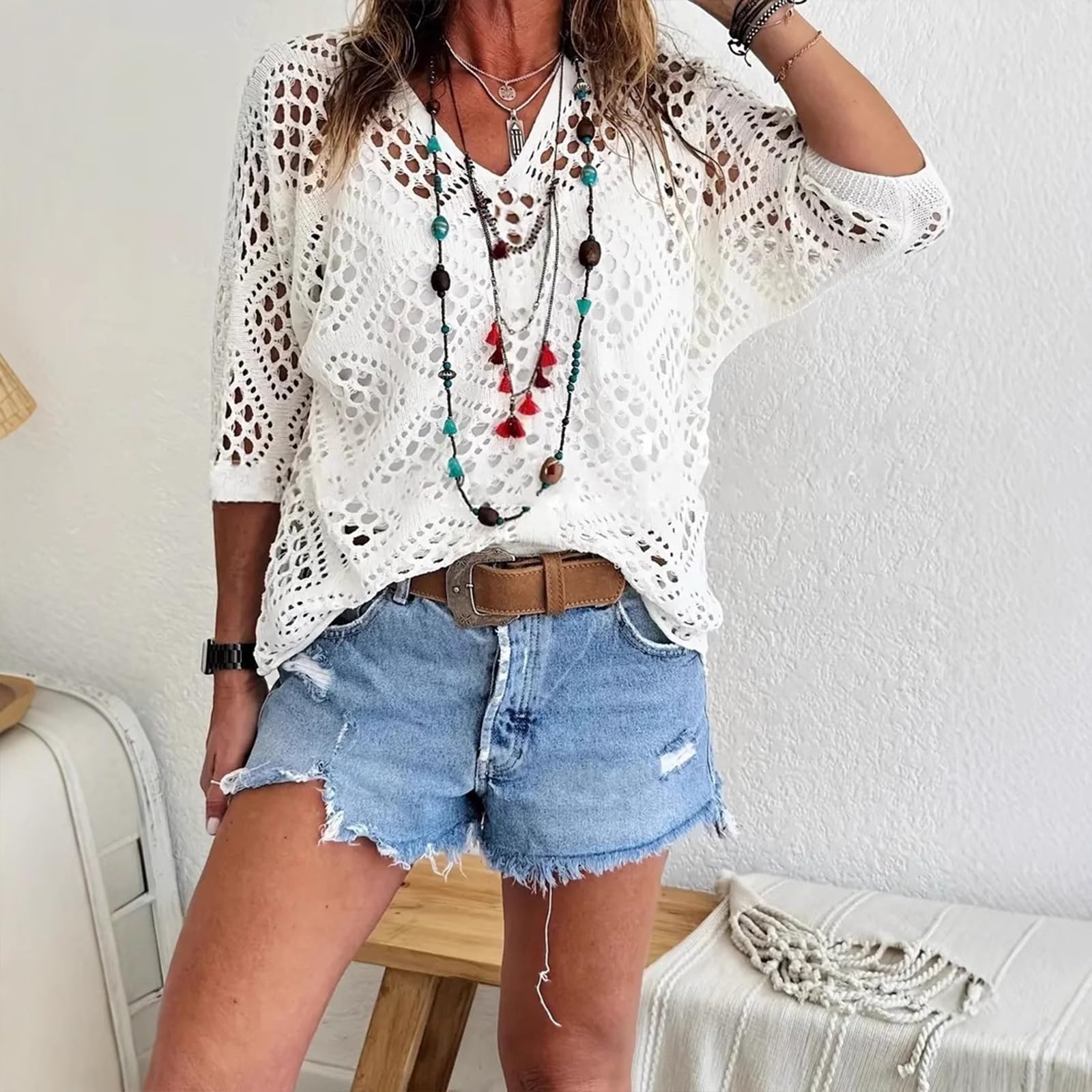 Generico Women's Bohemian-Inspired Beige Crochet Top with V-Neck Bohemian Crochet Tops for Women