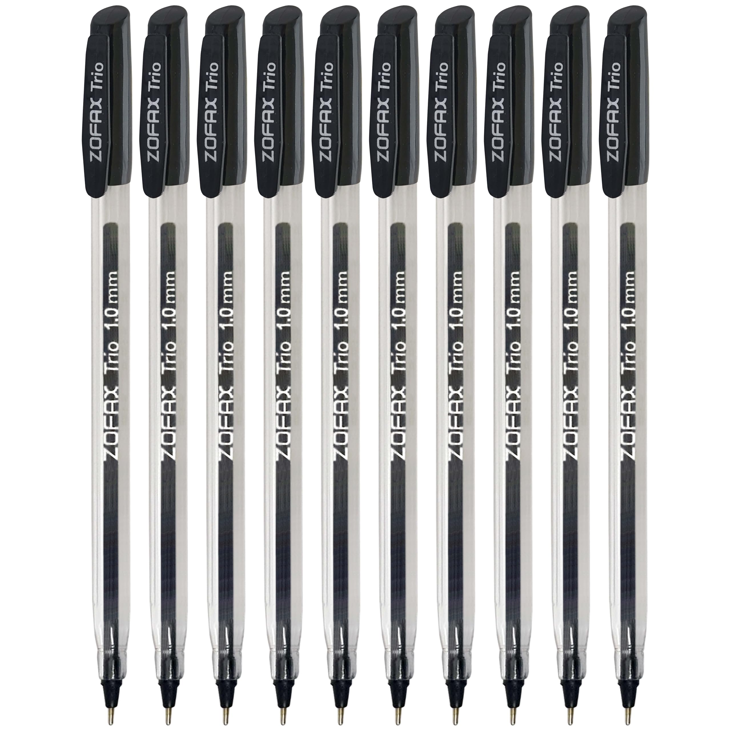 ZOFAX Trio Ballpoint Pens, BLACK, Medium Point (1.0mm), Pack of 50, Perfect for Triangular Grip, Smooth Writing, Ideal for Office School Home Business Use