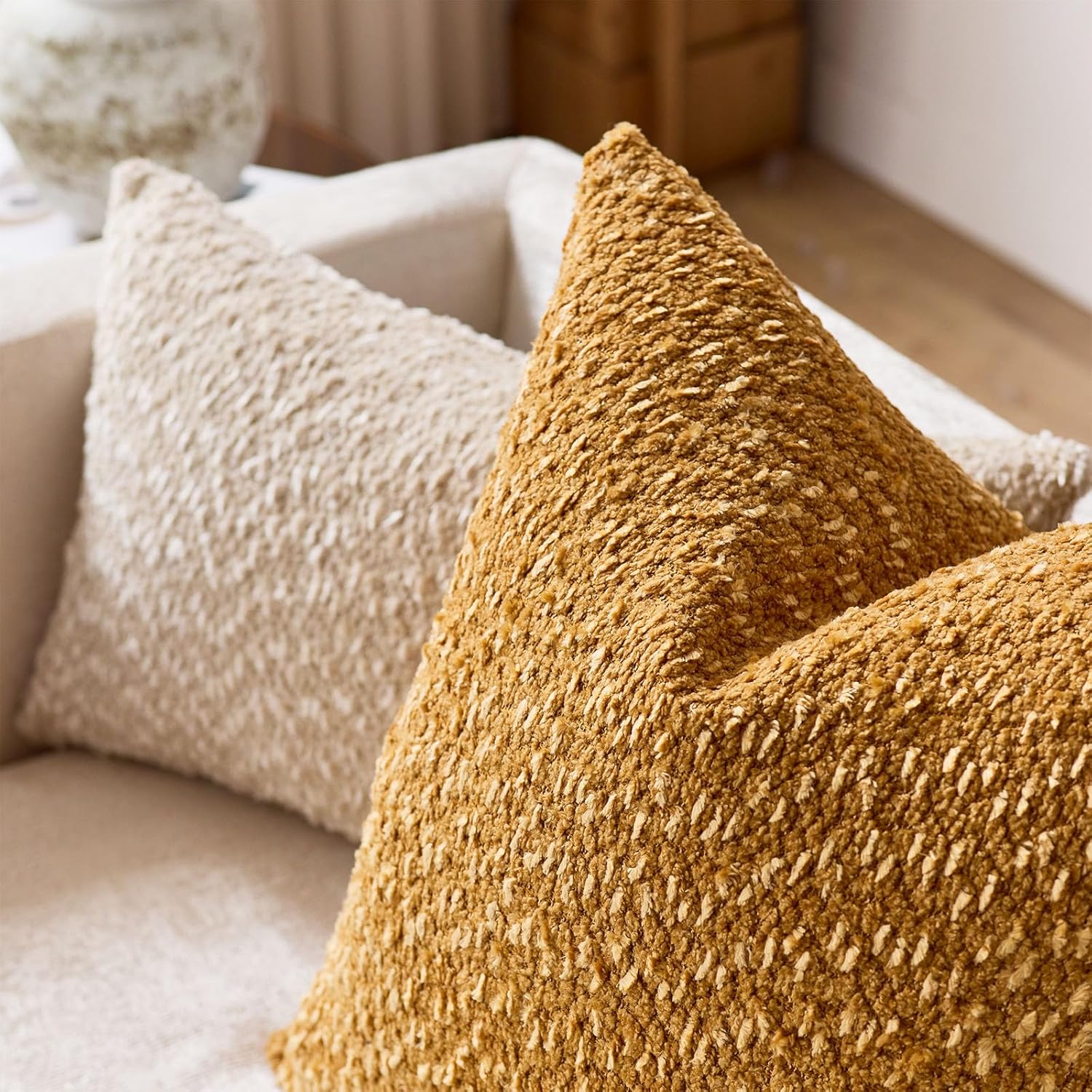 Set of 2 Decorative Boucle Throw Pillow Covers Soft Cozy Solid Textured Cushion Cover for Chair Sofa Bedroom Living Room Home Decor(Turmeric, 18" x 18" (Pack of 2))