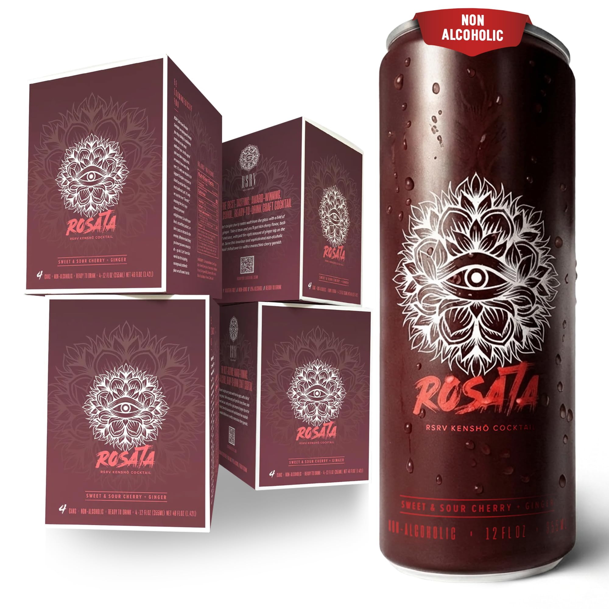 RSRV Kenshō Cocktails – Premium Non Alcoholic Drinks for Adults – Ready-to-Drink Craft Mocktails with Natural Ingredients – 60 Calories, Vegan – Rosata (Sweet & Sour Cherry & Ginger, 12oz, Pack of 12)