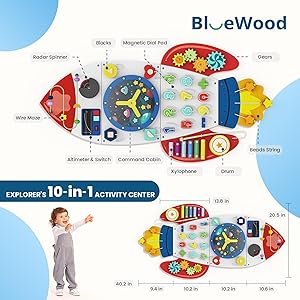 BlueWood Wooden Wall Busy Board Panels, Toddler Learning Activity Center, Montessori Philosophy Sensory, Educational Toys, Conducive to All-Round Development - Rocket