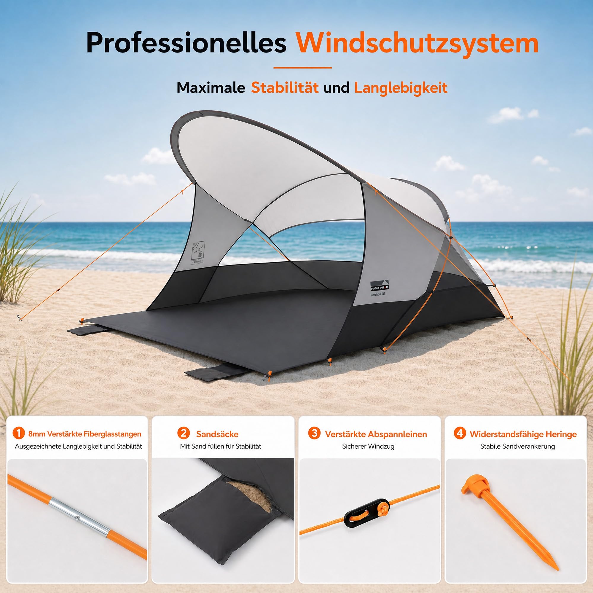 High Peak Strandmuschel mit UPF 80+, verlängertem Sonnendach und Windschutz