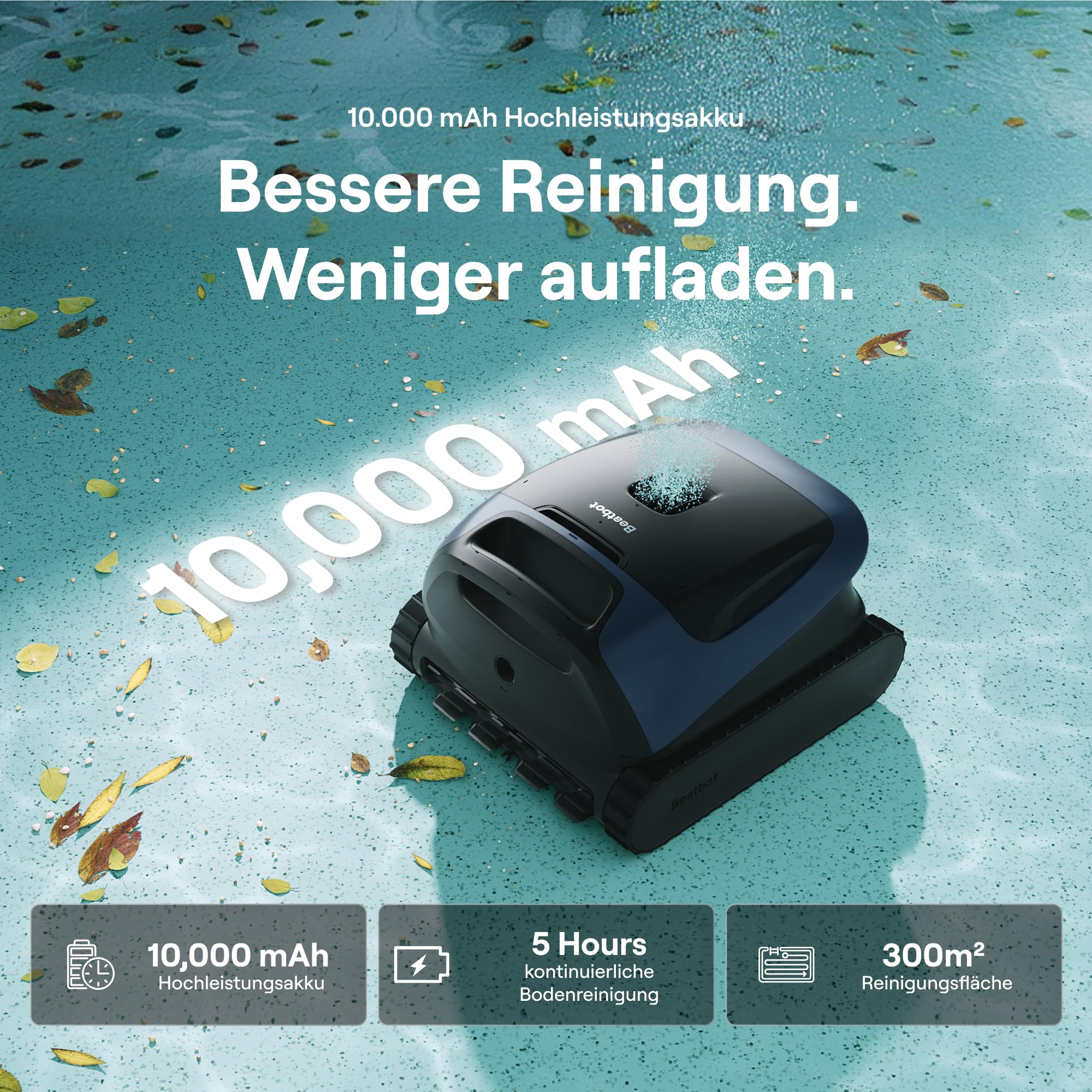 Beatbot Sora 30 Poolroboter Boden und Wand, Akku Poolsauger mit 25700 LPH Saugleistung, Poolreiniger mit smartes Parken an der Wasseroberfläche, 5 Stunden Laufzeit, 5 L Filterkorb, Tiefblau