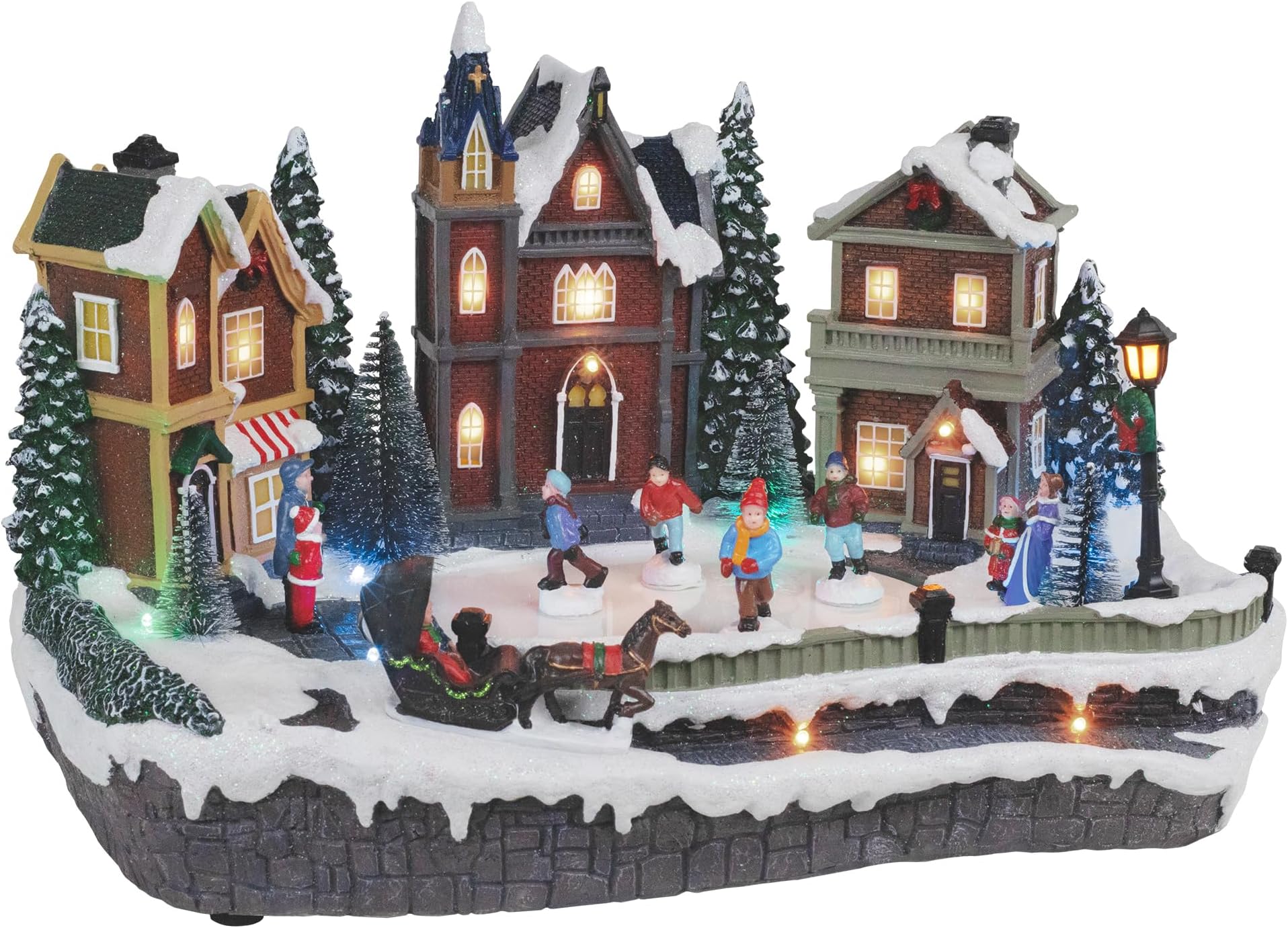 Large Animated Christmas Village Skating Town - Lighted Resin Musical Snow Scene with 4 Moving Skaters and Adapter