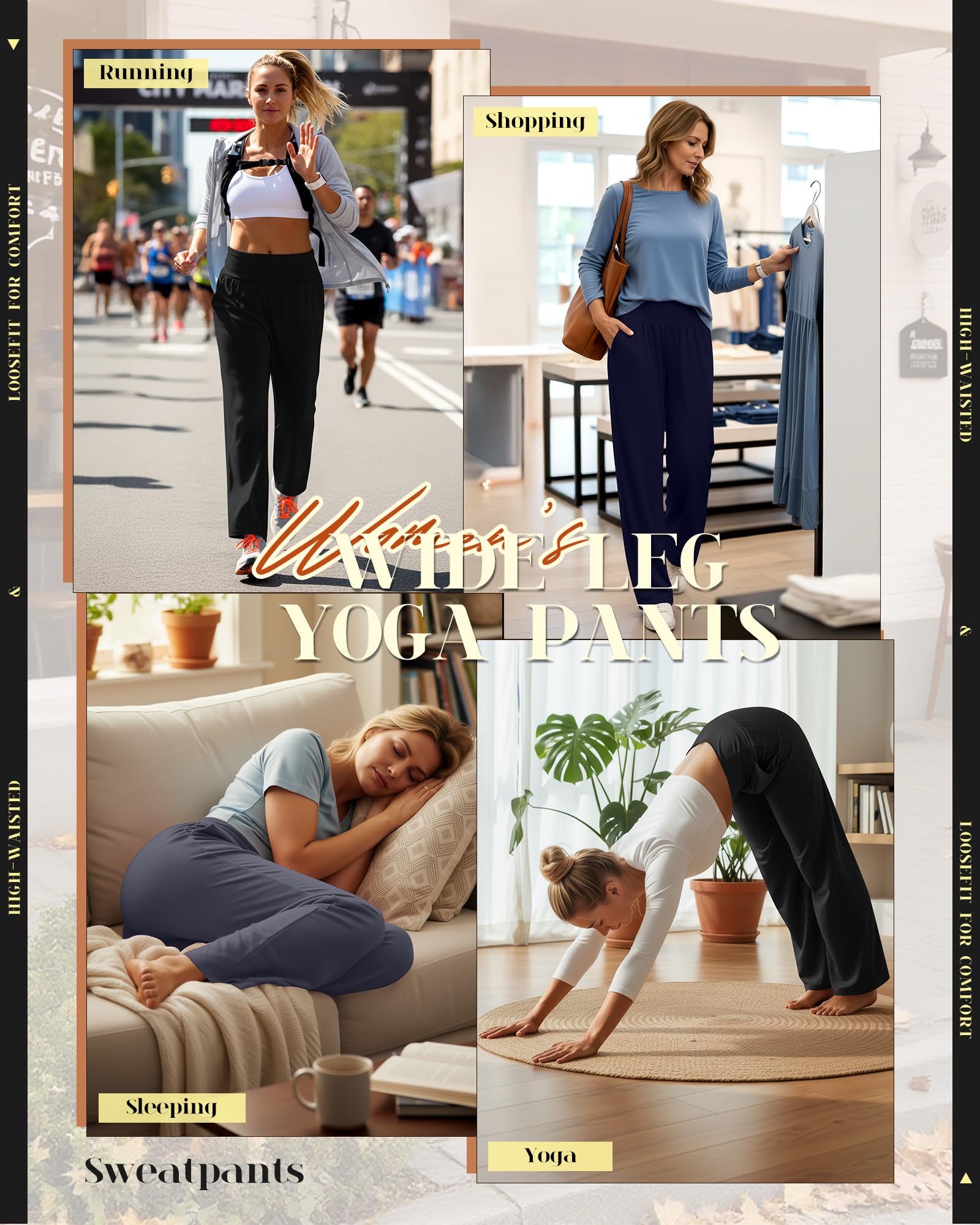 Neer Lot de 3 pantalons de yoga et de détente à jambe large pour femme, confortables et avec poches, pantalon de survêtement extensible à taille élastique, X-Large