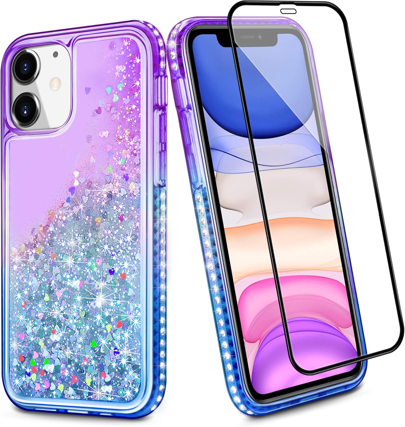 Amazon Com Wollony For Iphone 11 Case Glitter Girly Sparkle Bling Liquid Clear 360 Full Body Protection Cover With Screen Protector Slim Durable Hybrid Shockproof Diamond Case For Iphone 11 6 1inch Blue Purple