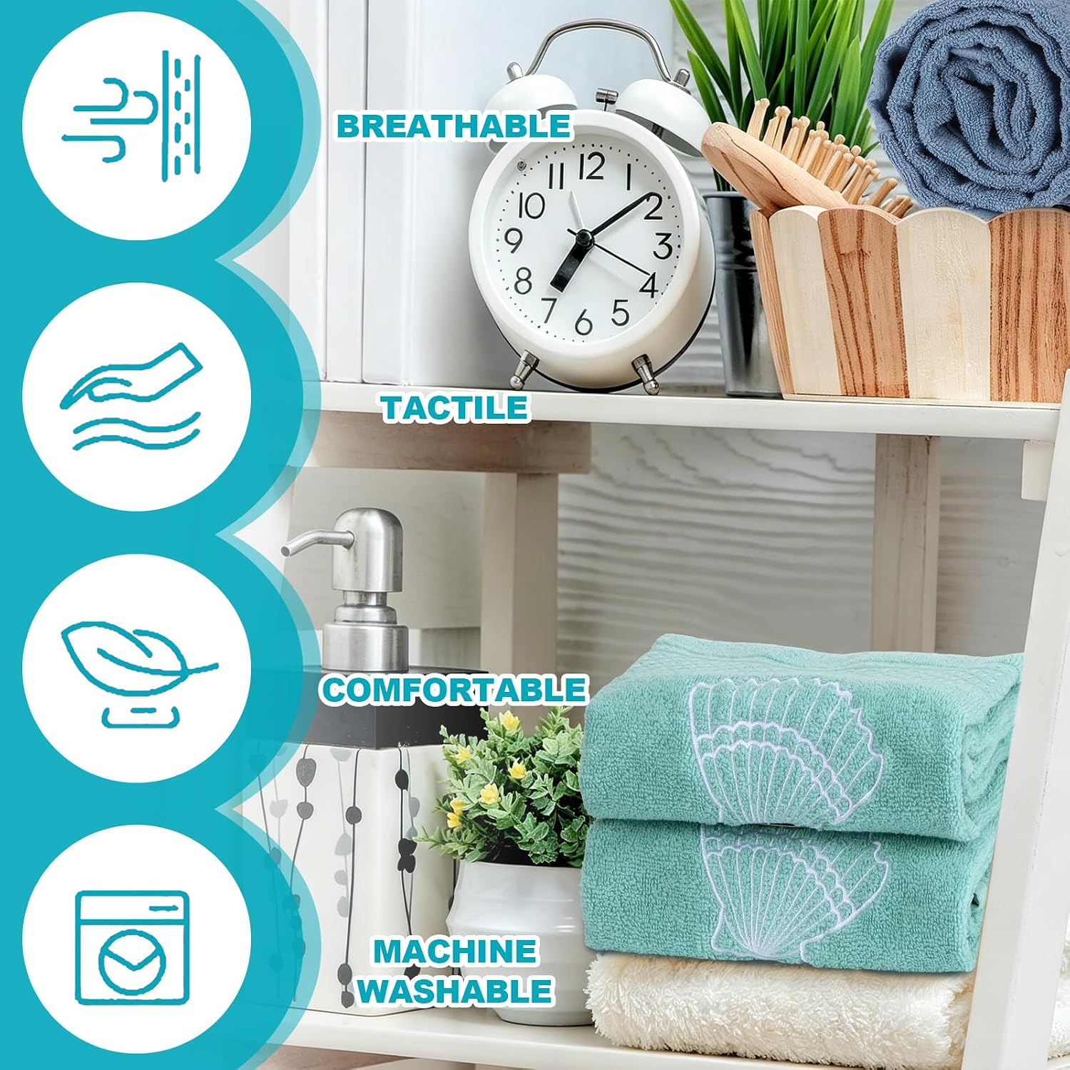 6Pcs Coastal Ocean Beach Bath Towel Set Cotton Embroidered Towels Highly Absorbent Includes 2 Bath Towels, 2 Hand Towels, 2 Wash Cloth for Summer Kitchen Dish Shower Supplies