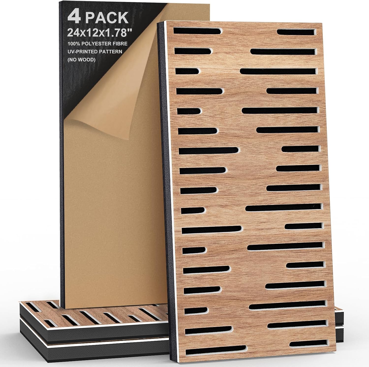 4Pack Acoustic Wall Panel, Self-Adhesive Soundproof Foam Panels for Wall, 3D Perforated Tri-Layer Polyester Fiber Decorative Acoustic Insulation for Recording Studio, Office, 24×12×1.78", Broken-Line