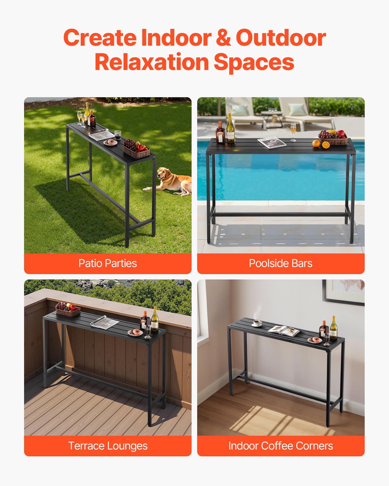 VEVOR Table de Bar Haute Extérieur, 140 x 37,5 cm, Table à Manger Rectangulaire, avec Plateau Étanche, Structure en Métal Robuste, Mobilier de Jardin pour Patio, Terrasse, Bord de Piscine, Intérieur