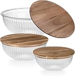 Stackable Space-Saving Set of 5 Nesting Glass Bowls with Acacia Lids for Foodprep, Storage, Mixing & Cooking - Microwave & Oven-ready BPA Free Durable Heat Resistant Inert Borosilicate Glass