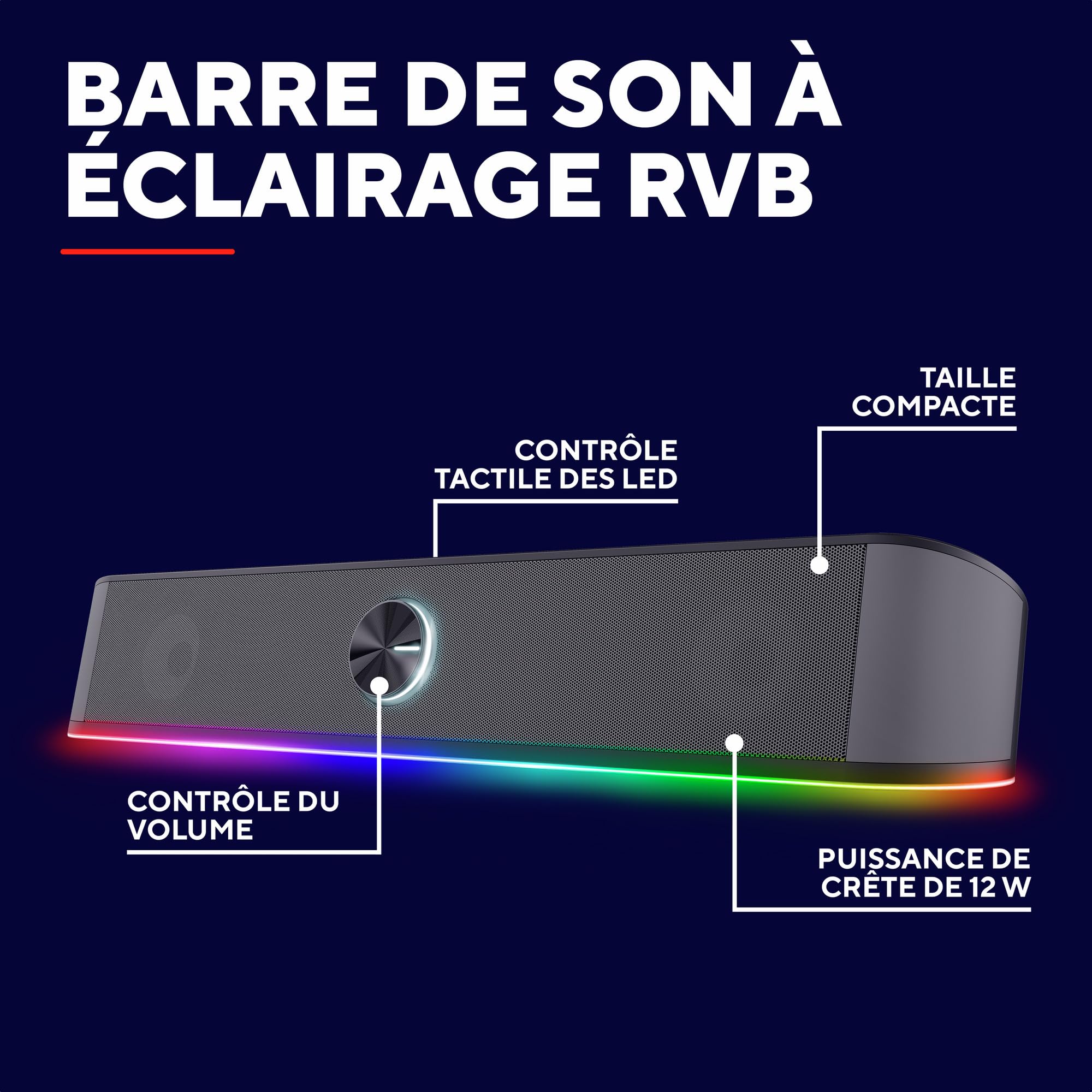 Trust Gaming GXT 1619 Rhox Barre de Son RGB 12W (6W RMS), Enceinte PC Stéréo Alimentation USB, Format Compact, Câble AUX 3.5 mm, Haut Parleur 2.0 pour Ordinateur Portable TV - Gris