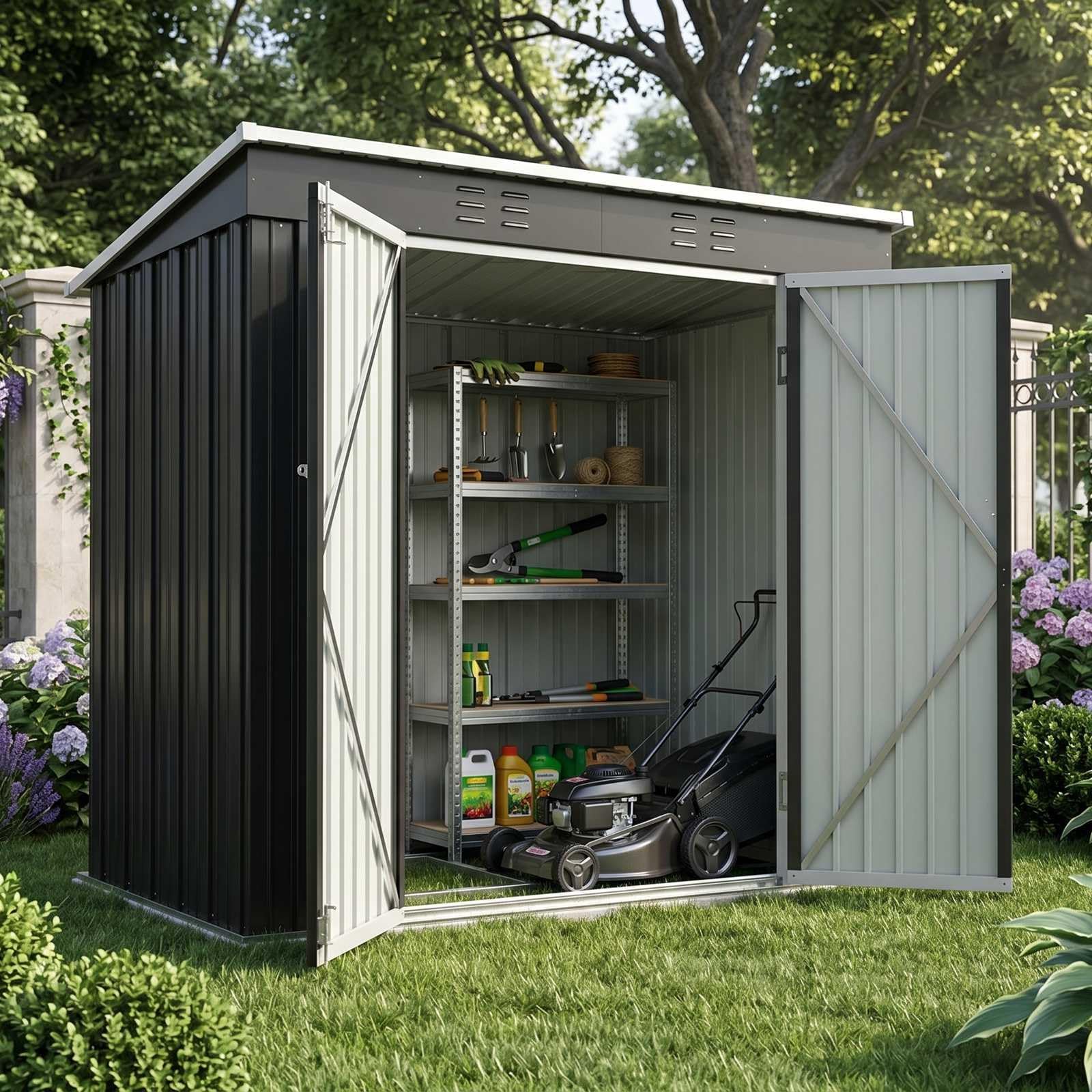BIRCHTREE Garden Shed Metal Pent Roof 4FT X 6FT Outdoor Storage With Free Foundation Anthracite and White