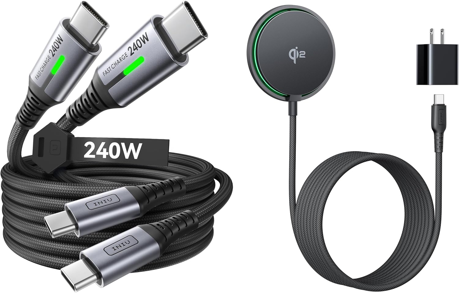 INIU 240W Fast Charging [6.6ft, 2-Pack] Type C Charger Cord & Qi2 Certified 15W Wireless Charging Pad Combo