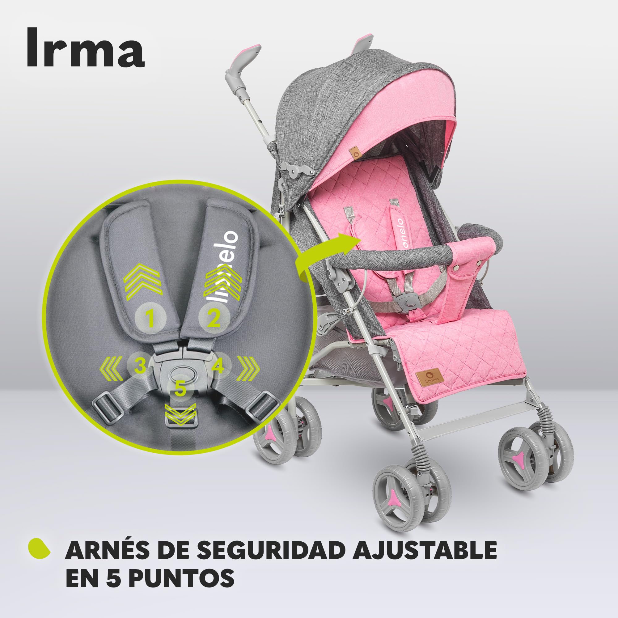 Lionelo Irma Silla de paseo plegable 51 x 80 x 101 cm Diseño ultraligero 7 kg Respaldo ajustable Para niños de hasta 15 kg 6-36M Cinturones de seguridad