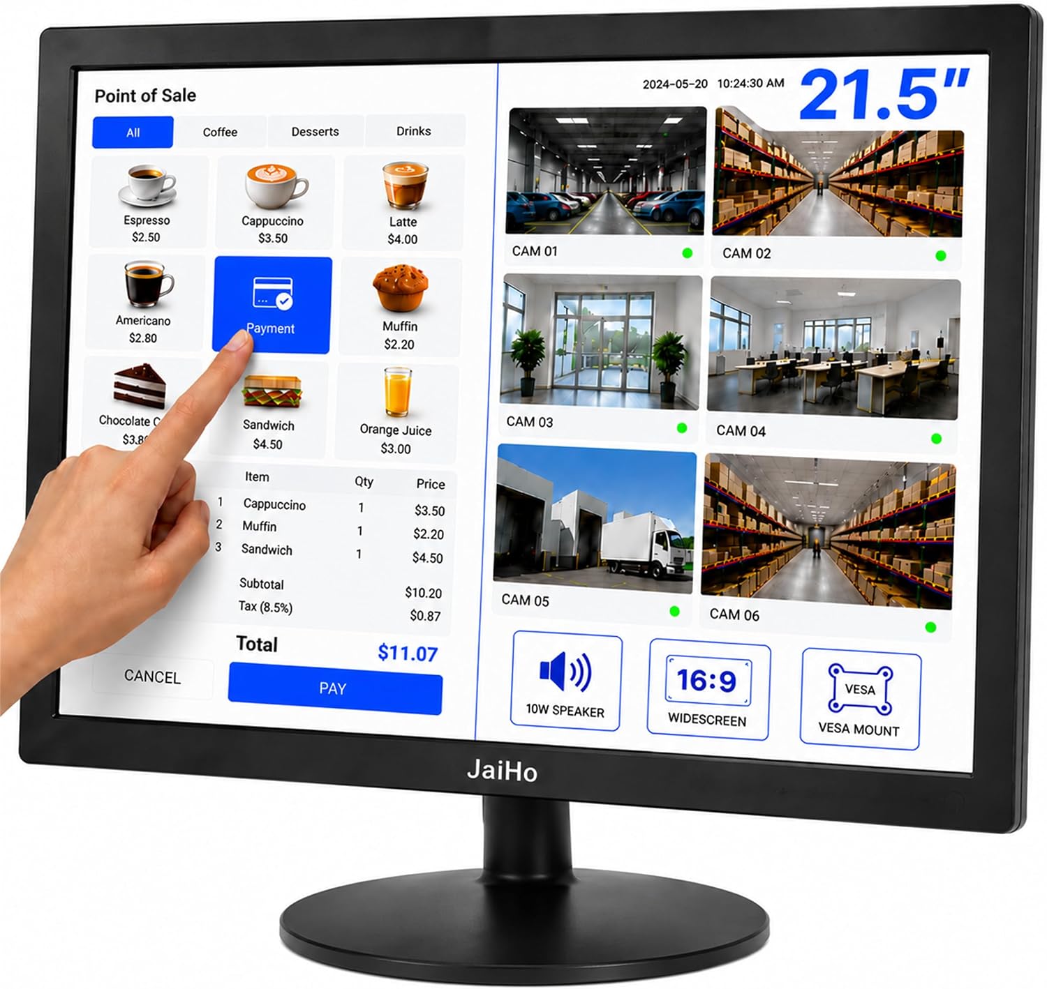 21.5-Inch Touchscreen Monitor, 1920x1080 Full HD 16:10 Display, 400cd/m² High Brightness, BNC HDMI VGA AV USB Input, Responsive Touch Screen for Self-Service Kiosk Industrial CCTV Security