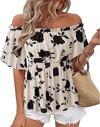 Bebonnie Womens Summer Sexy Off The Shoulder Peplum Tops Ruffle Sleeve Dressy Blouses