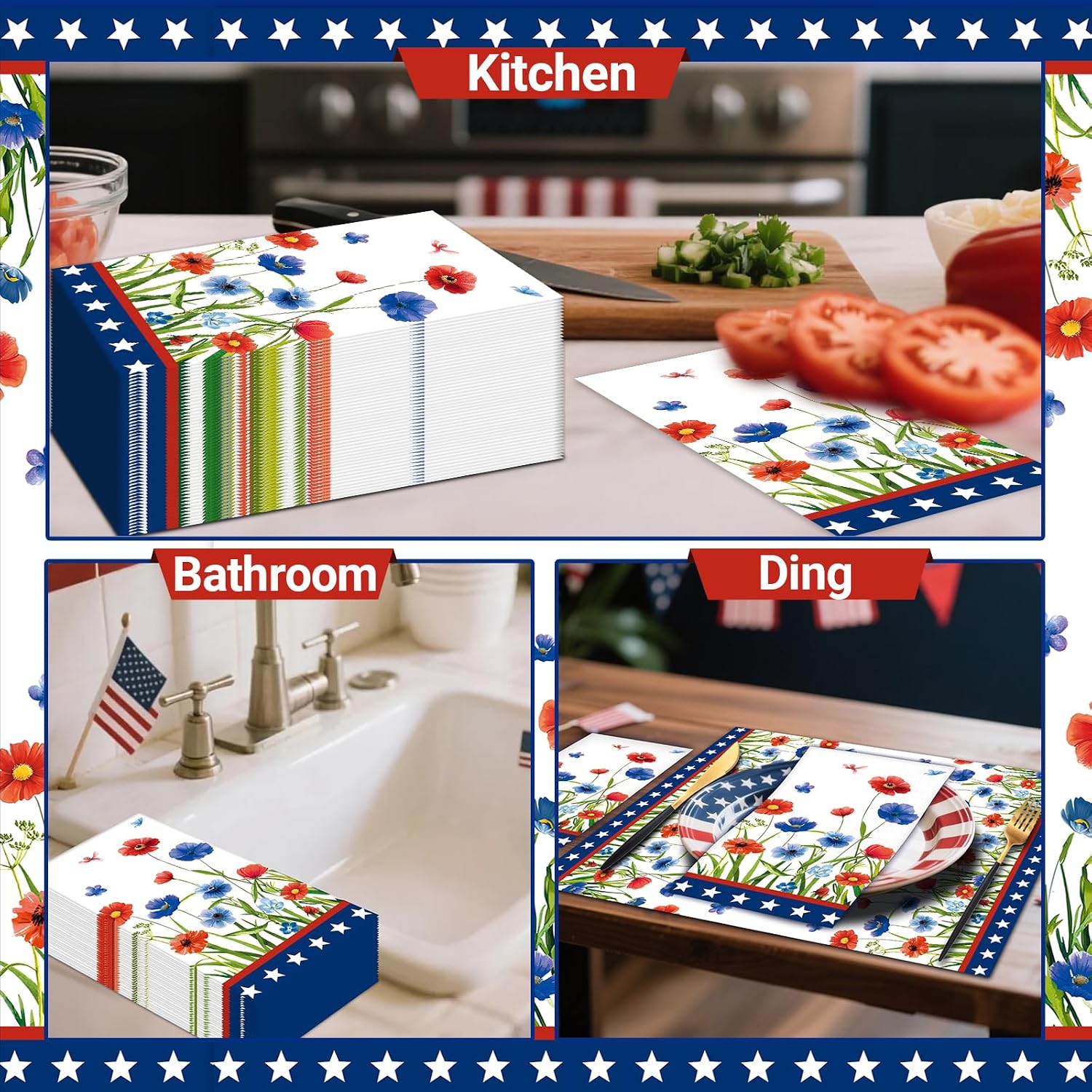 100 PCS Independence Day Napkins, Red and Blue Poppy Flower Patriotic 3-Ply Disposable Hand Towel for Summer July of 4th Guest Napkin Election Day Celebration Party Supplies Table Decorations