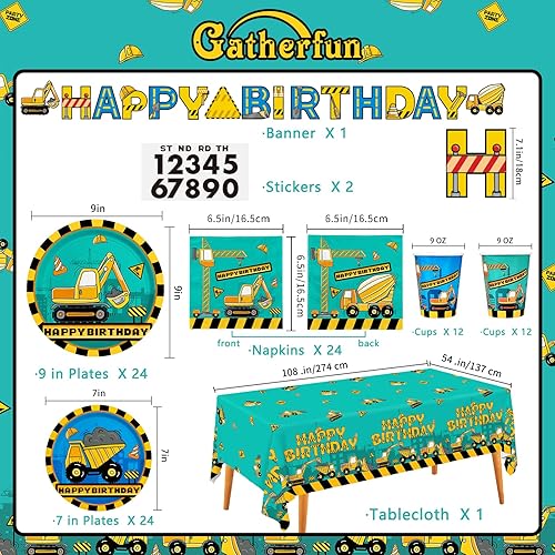 Miniatura 2 de Kit de suministros para fiesta de cumpleaños de construcción, platos de papel desechables, servilletas, vasos, mantel y pancarta, decoraciones de