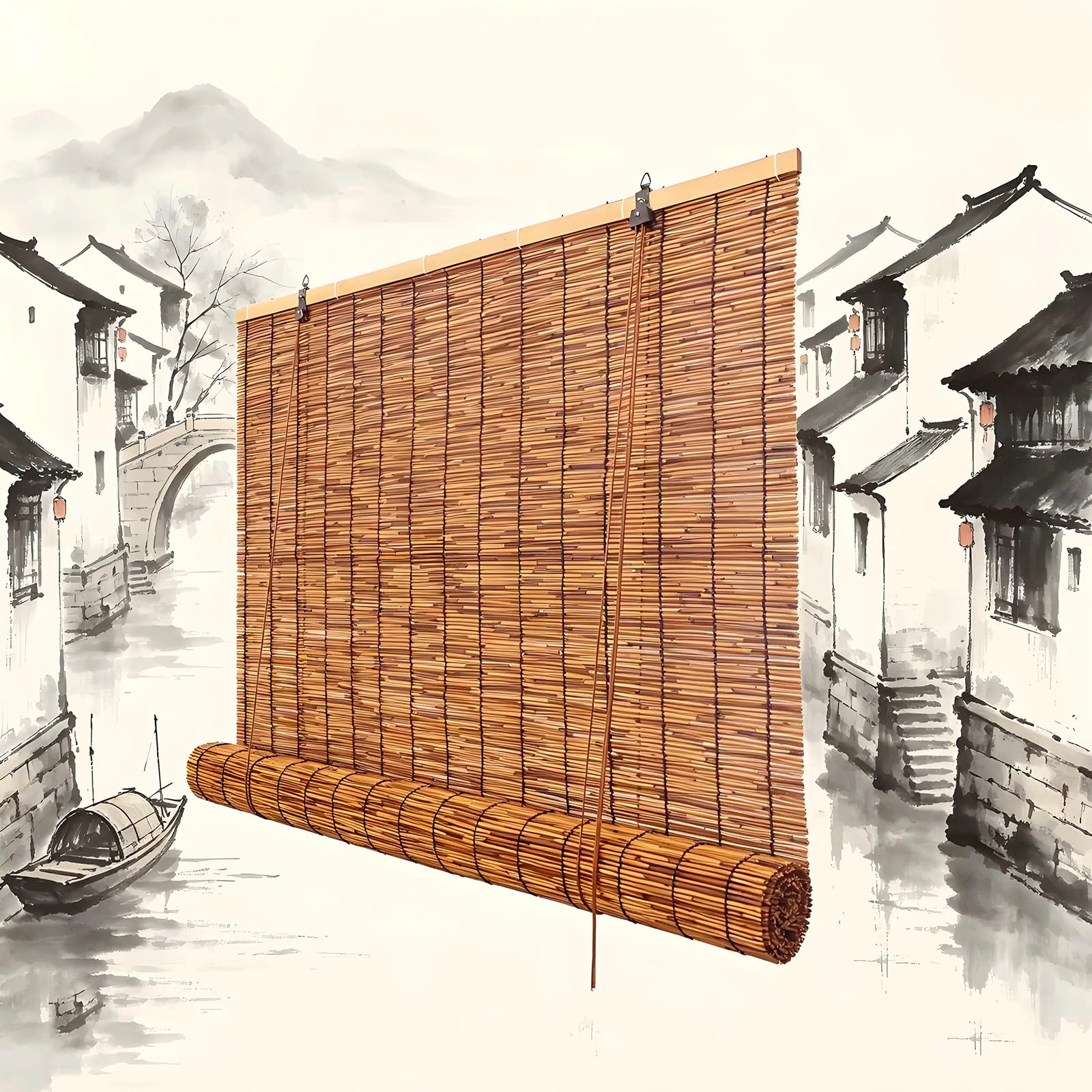 Roller blinds, waterproof and UV resistant reed roller blinds, outdoor terrace privacy, blackout balconies, porches, and sunrooms(W60xH130cm)