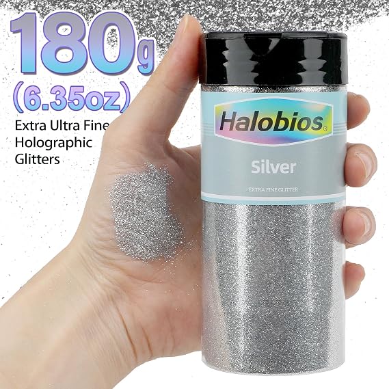 Halobios Extra Fine Glitters, Holographic Silver Glitter, 180g(6.35oz) Ultra Fine Glitters, 1/128
