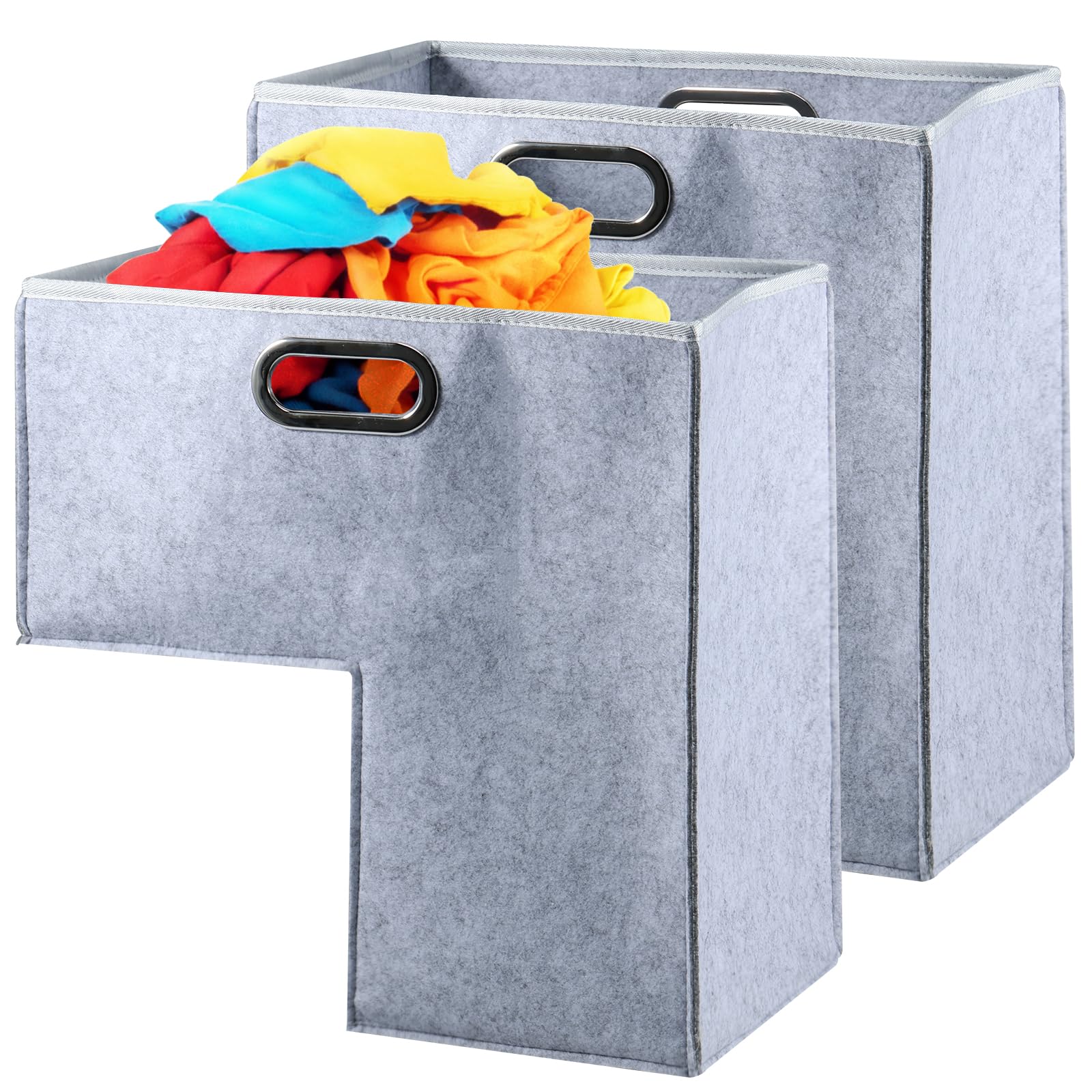 Sutowe 2Pcs Stair Basket with Stainless Steel Handle L-Shape Staircase Storage Basket Felt Step Organizer Bins 42x25.5x42cm Toy Clothes Staircase Organizer for Carpeted and Wooden Stairs(grey)