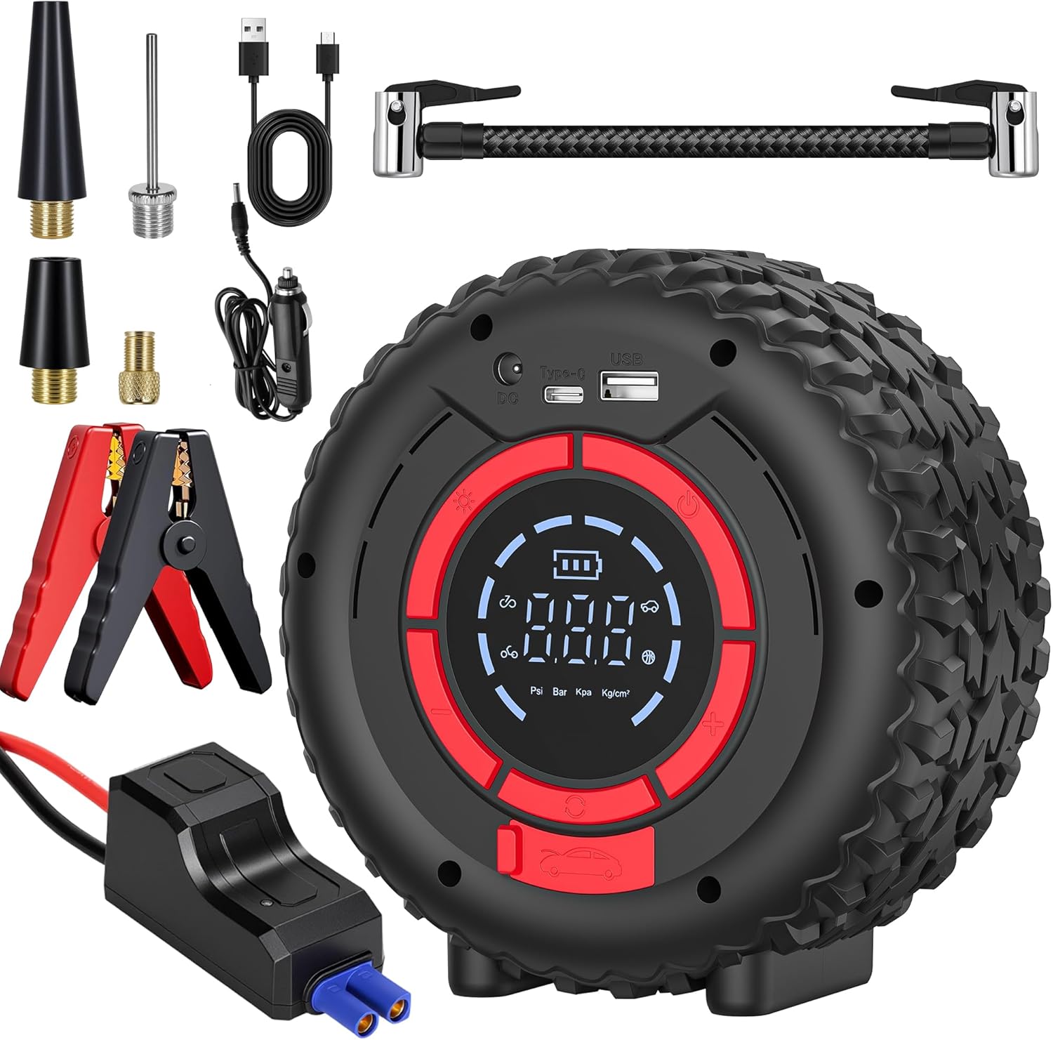 Jump Starter with Air Compressor, 1500A Car Battery Jump Starter (4 Gas/3.5L Diesel), 150PSI Car Battery Jumper Starter Portable 12V Jump Box with Jumper Cables, LED Light, Power Bank