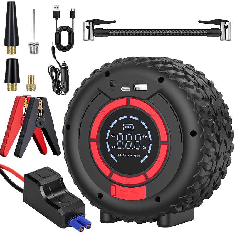 Auxiliar de partida 12 V Przolrs 1500 A com compressor de ar 150 PSI, power bank de 8.000 mAh e luz LED – MC6636