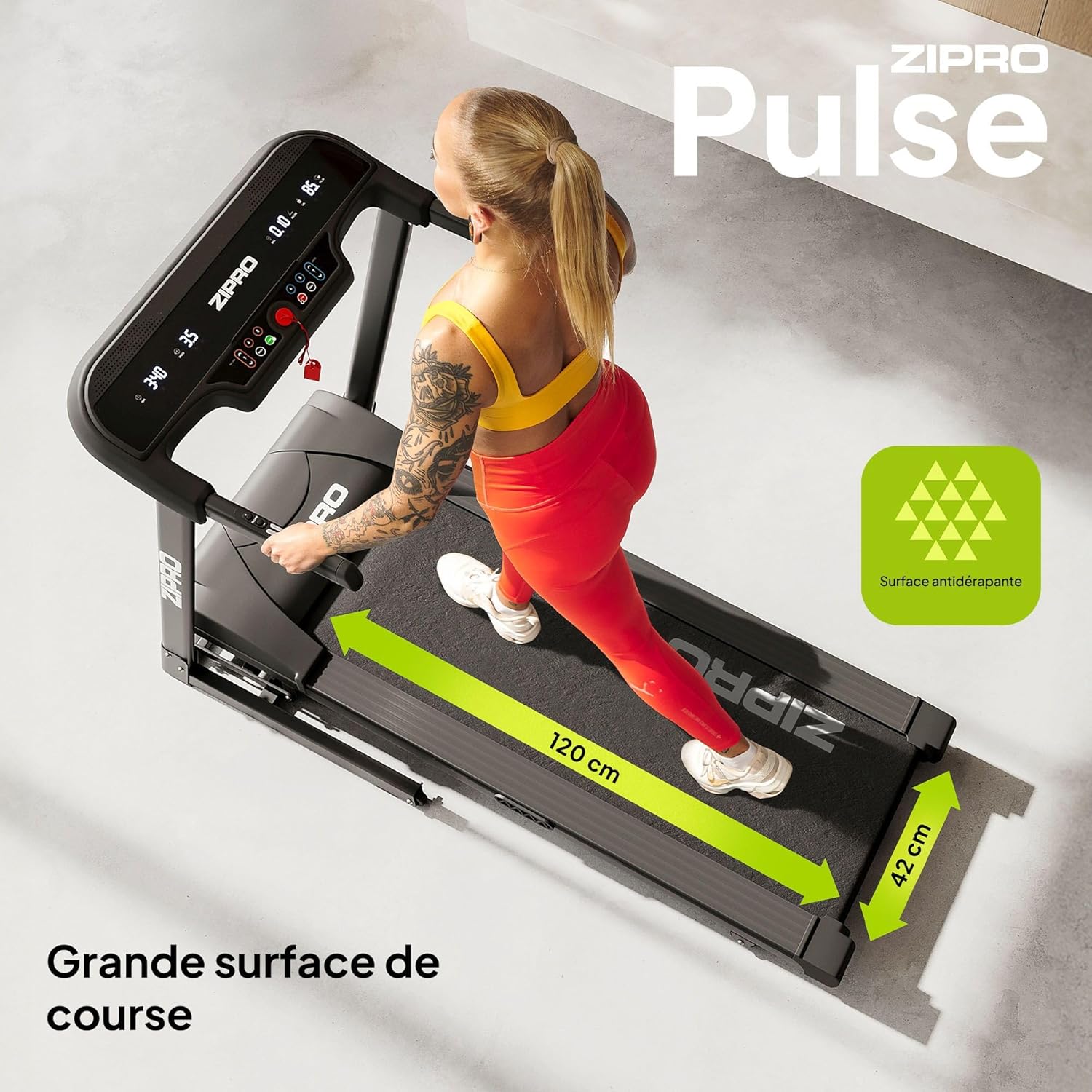 Overhead view of the ZIPRO Pulse treadmill's running surface, highlighting its generous dimensions of 120 cm length and 42 cm width, along with an anti-slip surface icon.