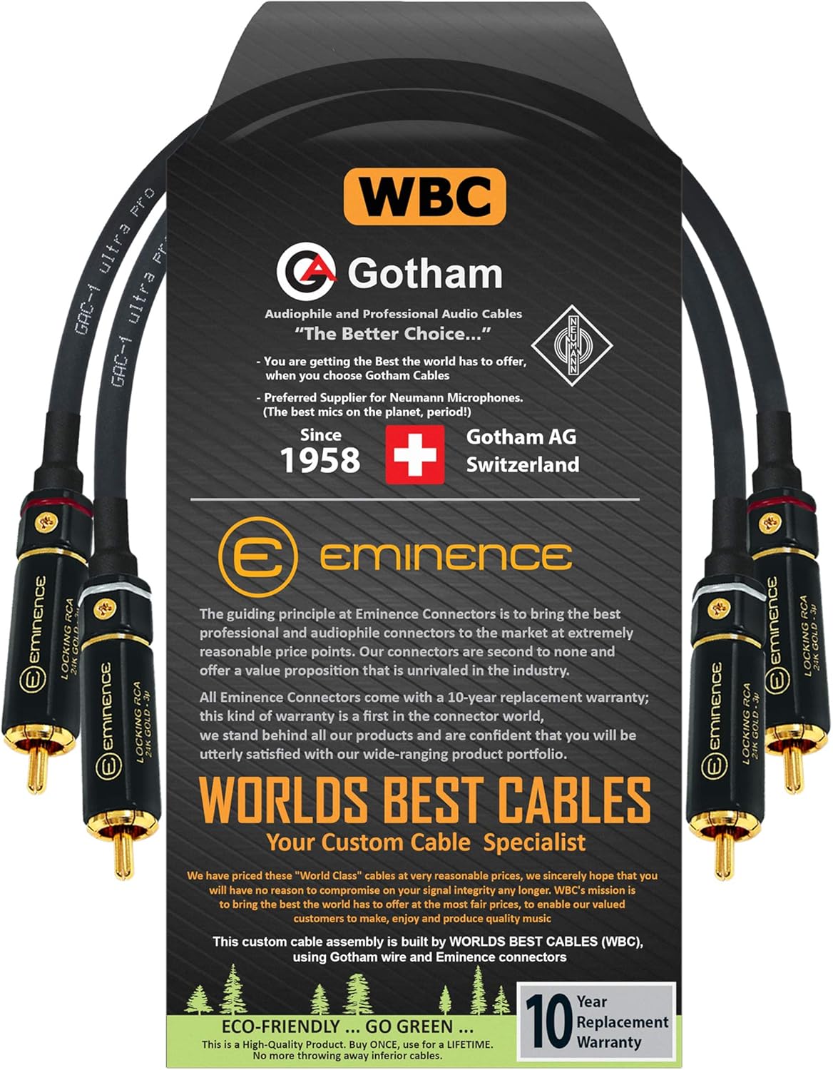WORLDS BEST CABLES 0.5 Foot RCA Cable Pair - Gotham GAC-4/1  Black Star Quad Audio Interconnect Cable With Premium Gold Plated Locking Rca Connectors Directional Custom Made - View #4