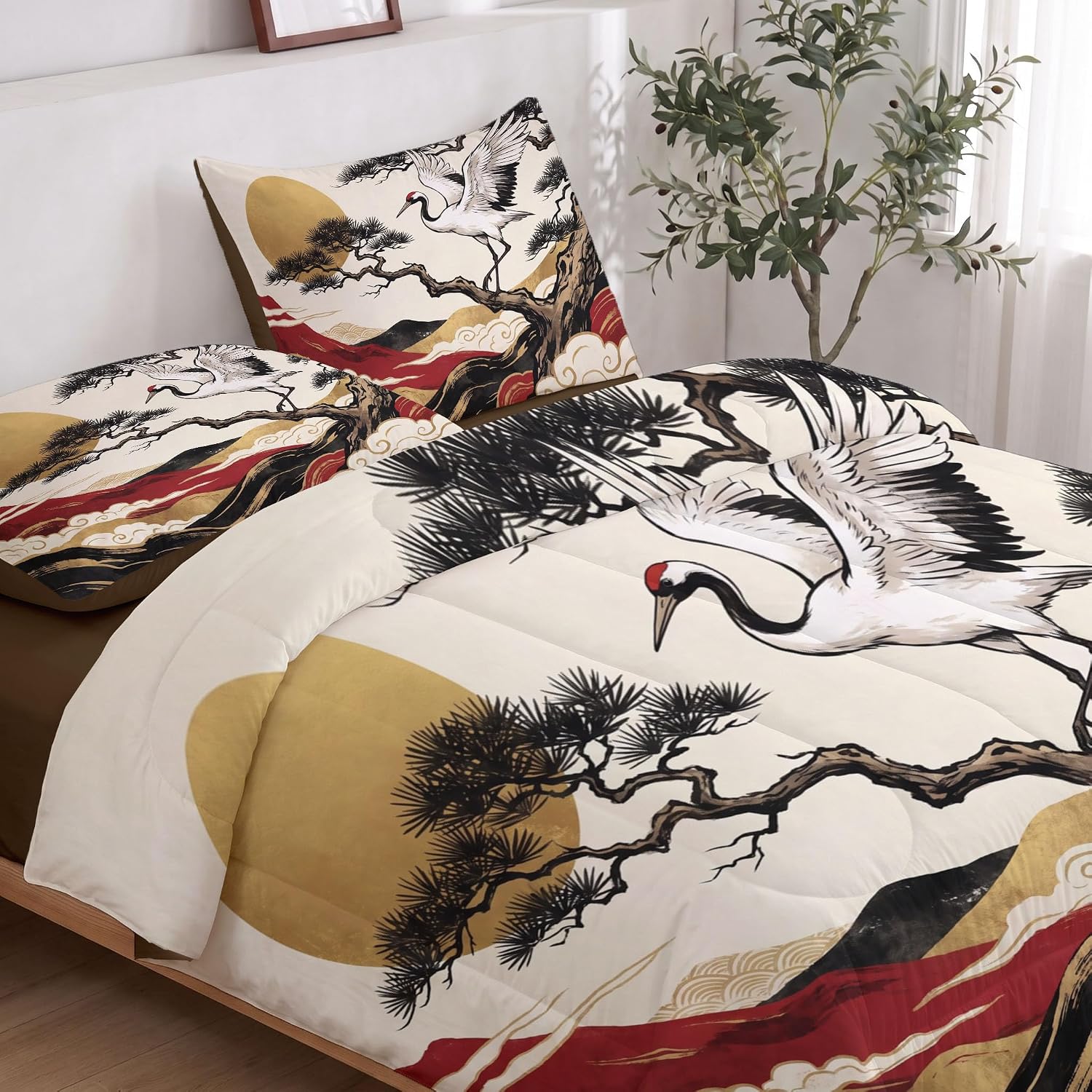 Japanese Ukiyo-E Quilt Twin Size White Quilt Bedding Set | 3 Pieces Soft Lightweight Microfiber Sunset Over The Crane and Pine Tree Bedspread Coverlet Set for All Season, 68"X90"