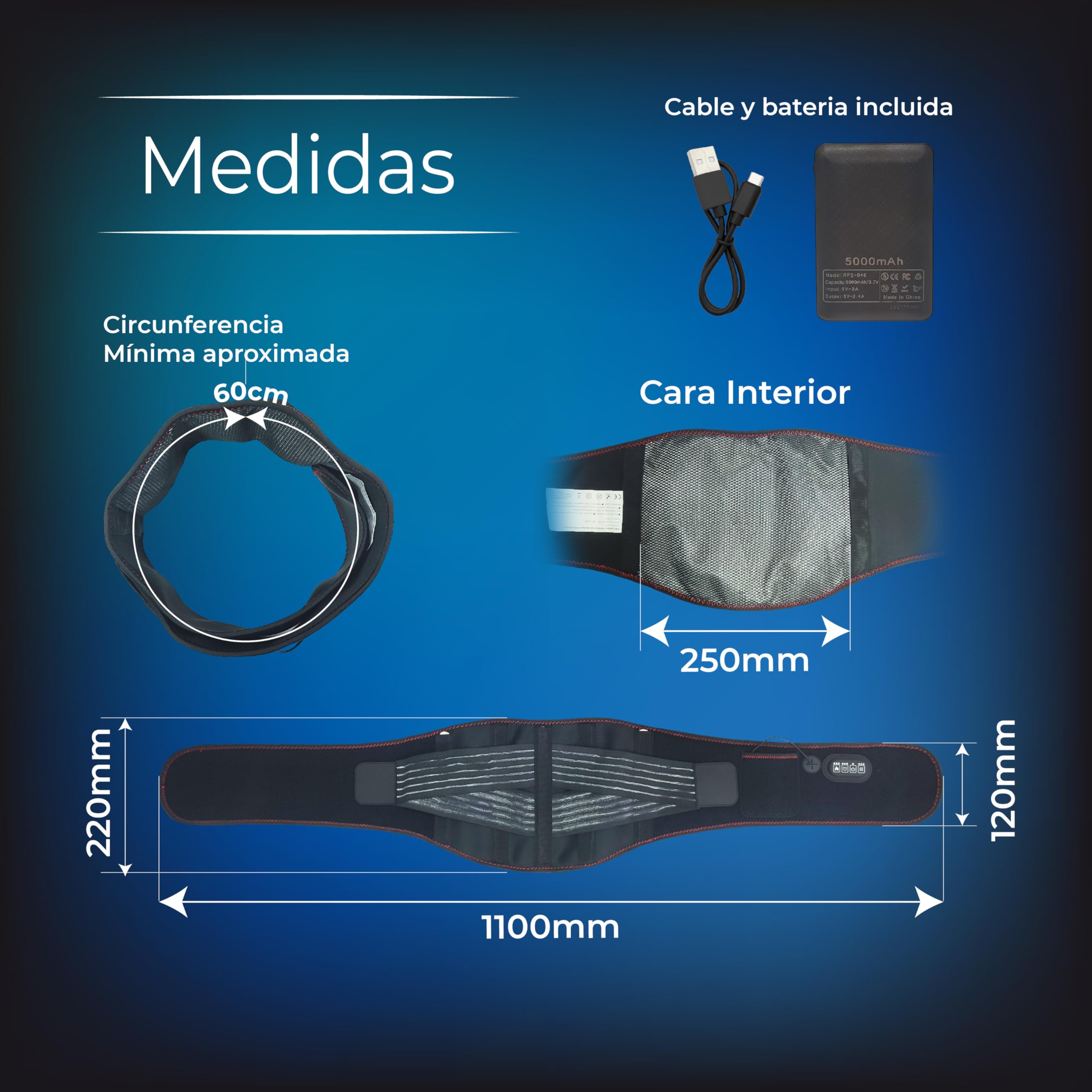 LED ATOMANT Almohadilla Electrica Lumbar con Masaje Inalambrica, Faja Termica para Espalda, Cintura y Abdomen, 3 Niveles de Calor, Temporizador, Bateria 5000mAh, Transpirable, 110x22cm