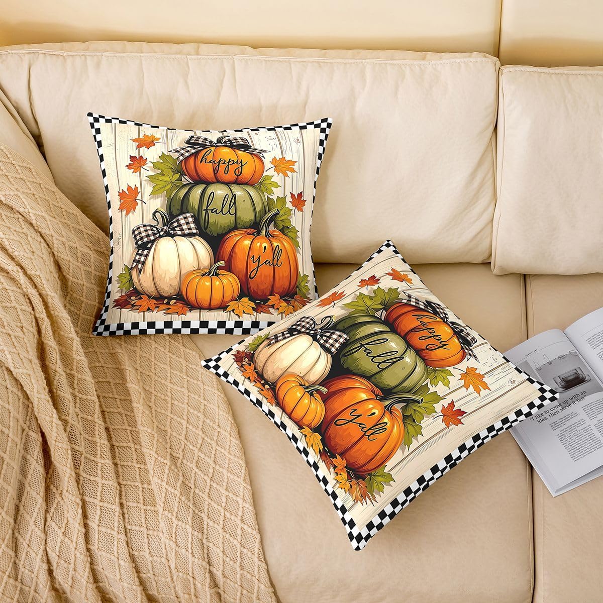 Castle Fairy Happy Fall Throw Pillow Covers 16"x16" Set of 4,Pumpkin Maple Leaves Cushion Covers for Couch Sofa,Geometric Grid Decorative Pillowcases,Orange Green Pillow Cases image 2