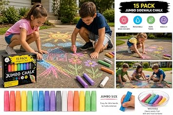 Jumbo Multicolor Outdoor Sidewalk Chalk - 15 Piece Washable Premium Set