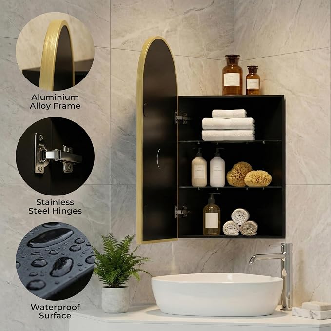 Armario de medicina LED para esquina con espejo, desempañador táctil, armarios de baño con espejo arqueado para montaje en pared de esquina, 15,7" x 29,5", dorado, con LED miniatura 7