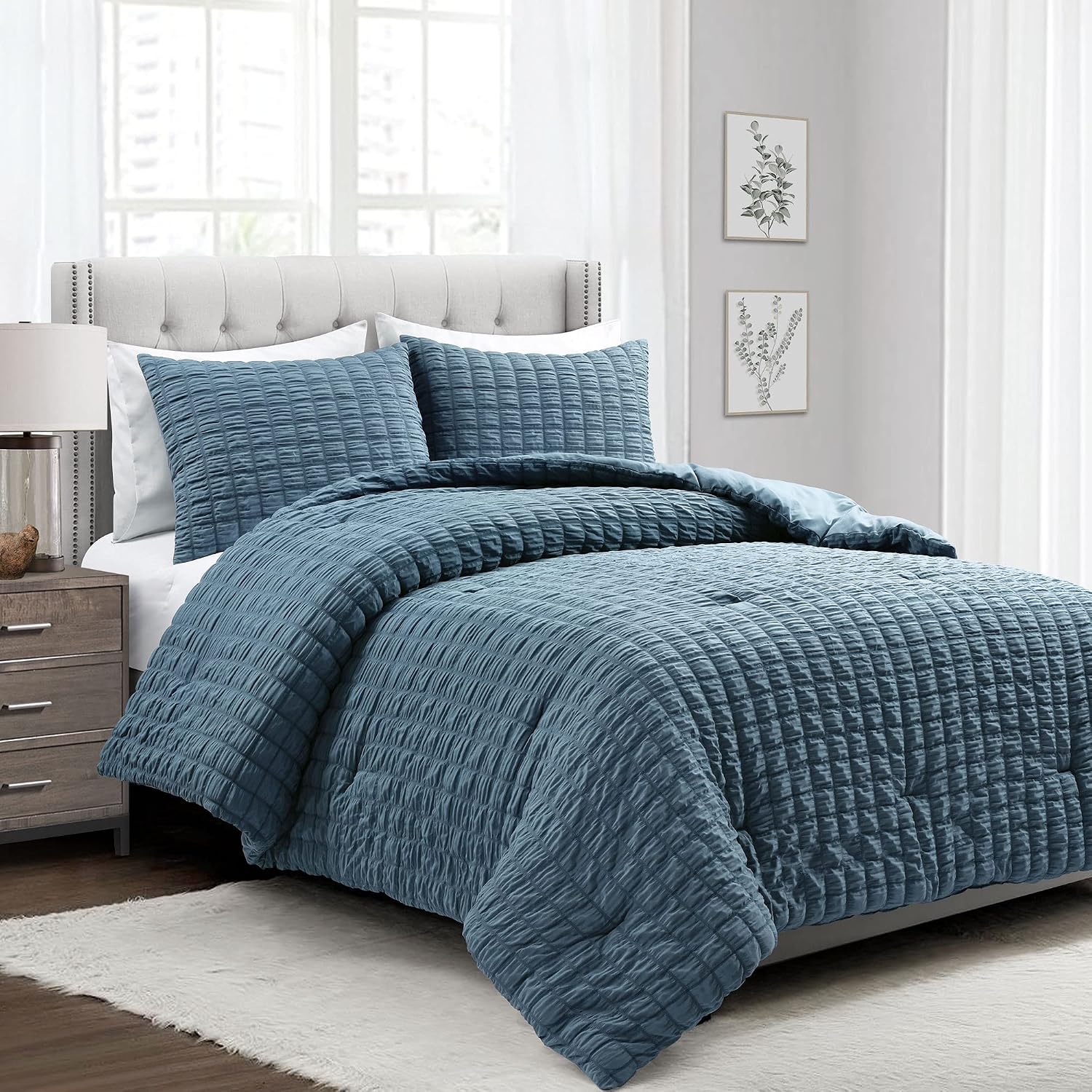 Lush Decor Crinkle Textured Dobby 3 Piece Comforter Set, King, Blue