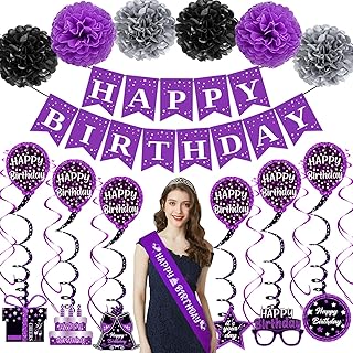 Birthday Decorations Purple Black, Happy Birthday Party Decorations for Women Girls Men Boys, Happy Birthday Banner, Double-Sided Bday Pattern Card, Birthday Sash, Pompoms,Hanging Swirl Bday Decor Set