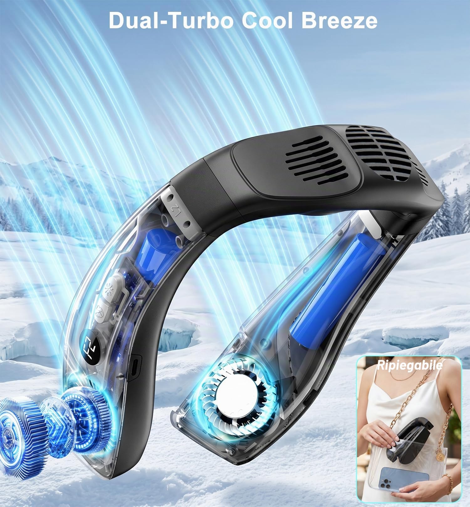 Ventilatore da Collo Portatile con Piastra Refrigerante, Piccolo Ventilatore Collo Silenzioso Pieghevole Condizionatore Indossabile,4000mAh Ricaricabile Regalo per Esterno Viaggio Ufficio Donna Uomo