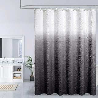 Black Ombre Shower Curtain Set with Hooks, Waves Textured Fabric Shower Curtains for Modern Luxury Bathroom Decor, 3D Marble Geometric Embossed Cloth Bathroom Shower Curtain, 72 x 72