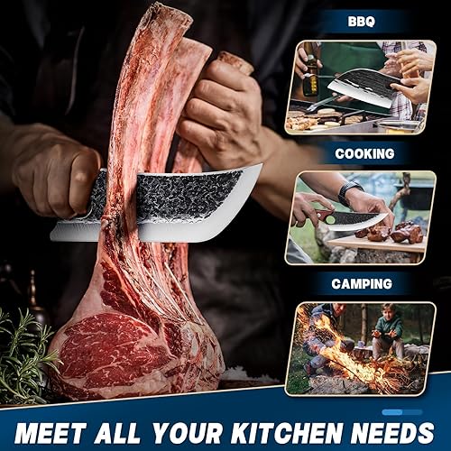 Miniatura 5 de TAN REN Juego de 3 cuchillos de carnicero para cortar carne, cuchillos forjados a mano con mango de madera, juego de cuchillos de parrilla para