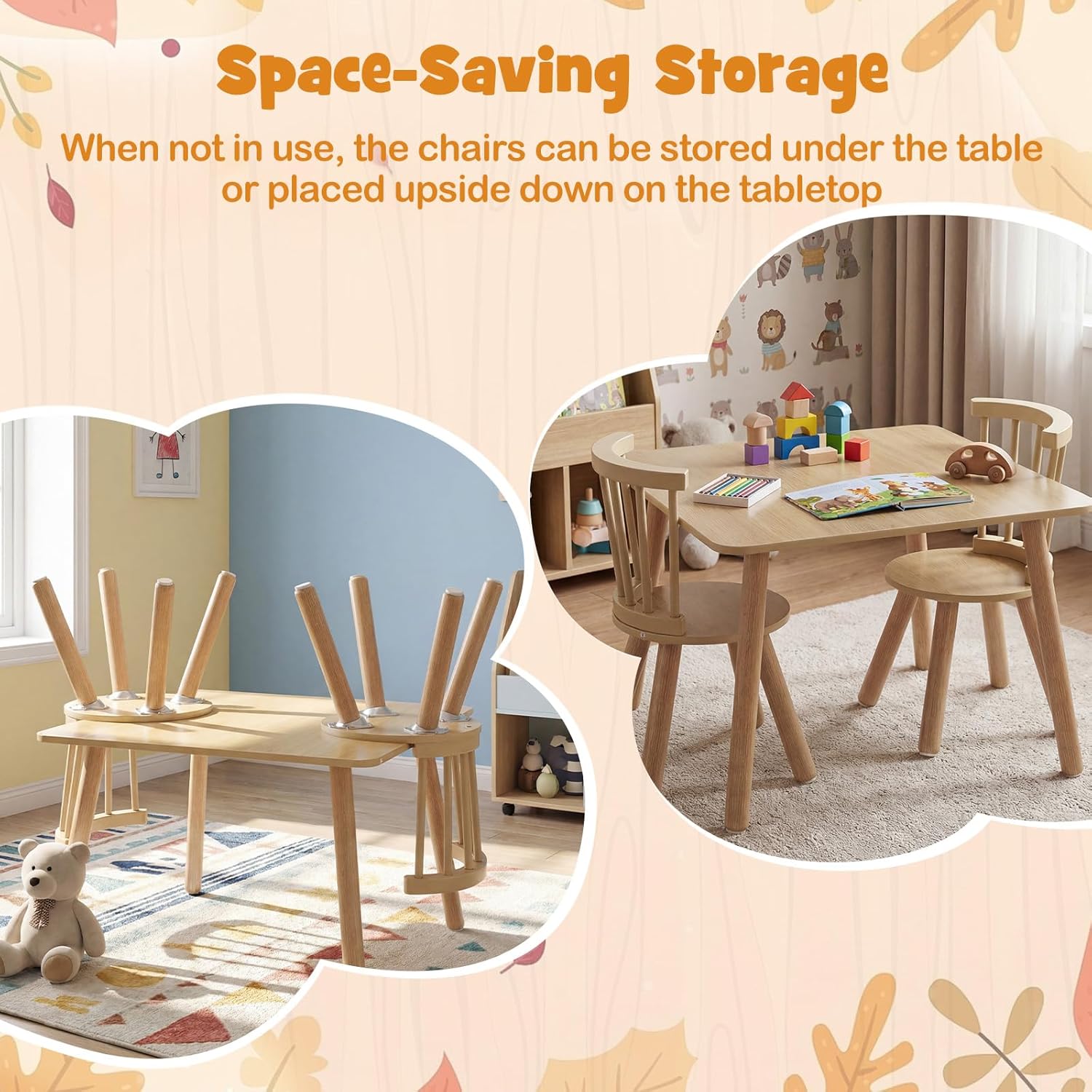 Costzon Kids Table and Chairs, Wooden 3 PCS Children Desk Set w/Pine Wood Frame, Curved Backrest & Round Seats for Playing Learning Eating, Toddler Table and Chair Set (23.5” x 23.5” x 17”,Natural)
