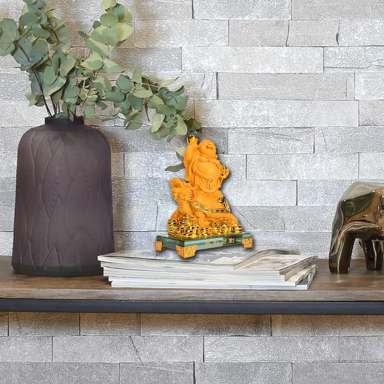 BRABUD Resin Laughing Buddha Riding Dragon Turtle Statue Attract Wealth Health Luck Home Office Shop Desk Decoration Gift TQGJBS680